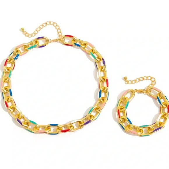 Sicily Gold-Tone Multicolor Enamel Chain Necklace and Bracelet Set - Picture 4 of 16